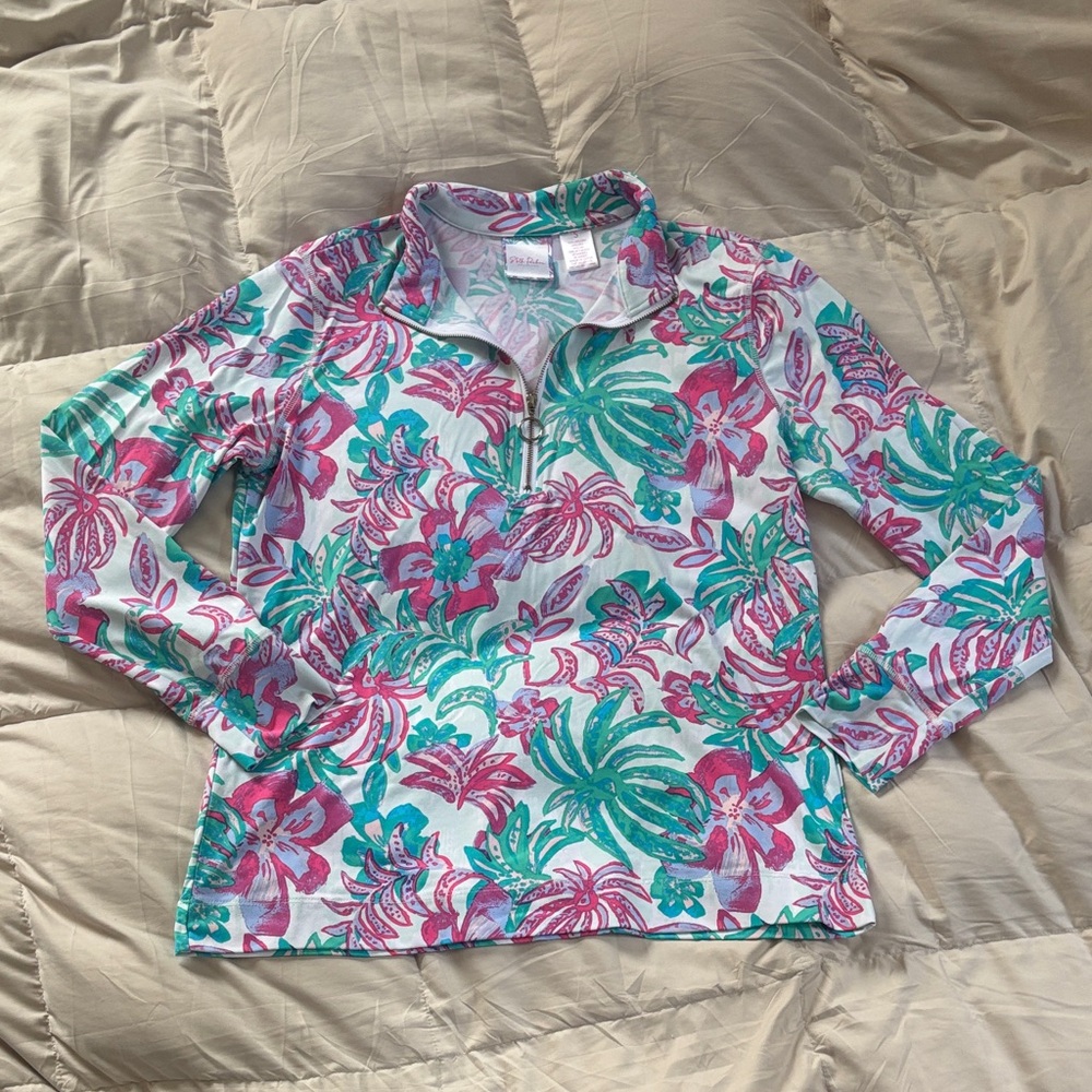 Stella Parker Women's Floral Half-Zip Long Sleeve Pullover Top Pink Teal Tropic
